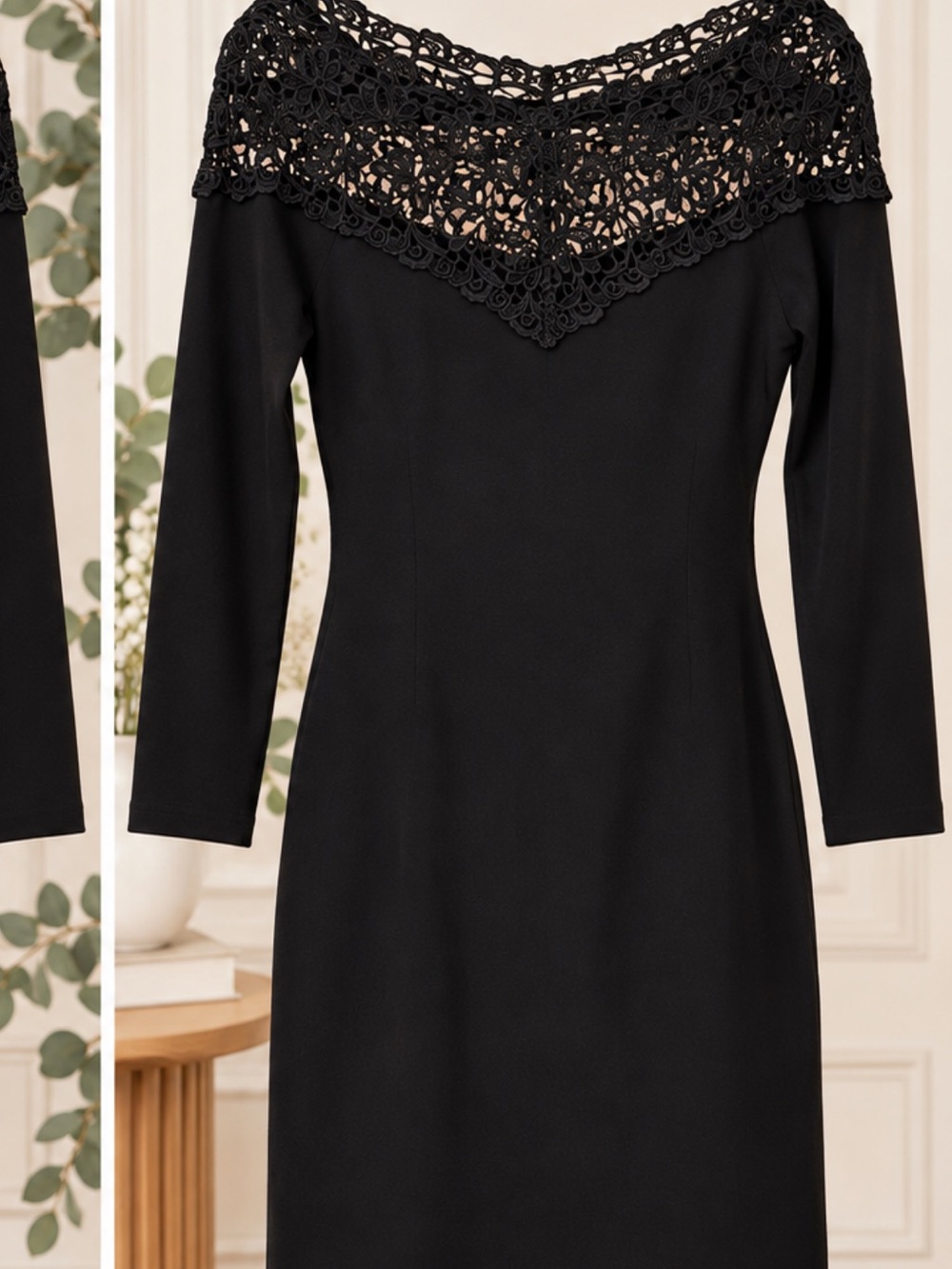 Moda Black Long Sleeve Crochet Yoke Dress